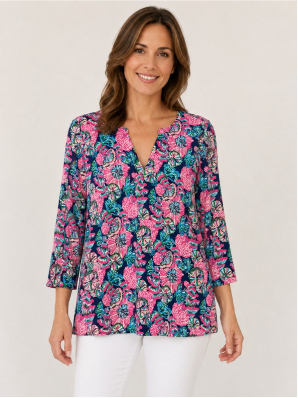 Lilly Pulitzer Women’s Floral Tunic Top 3/4 Sleeve Pink Blue Stretch